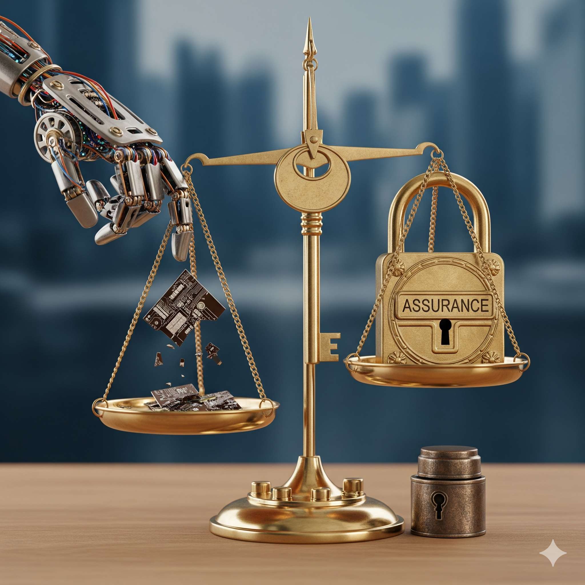 Robotic hand balancing scales with assurance padlock, representing the balance between AI technology and insurance coverage