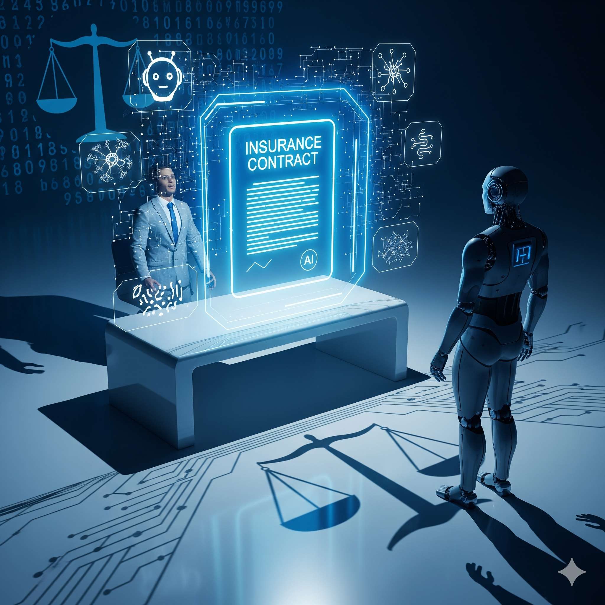 AI robot and business person in a courtroom setting with scales of justice, representing AI compliance and legal accountability