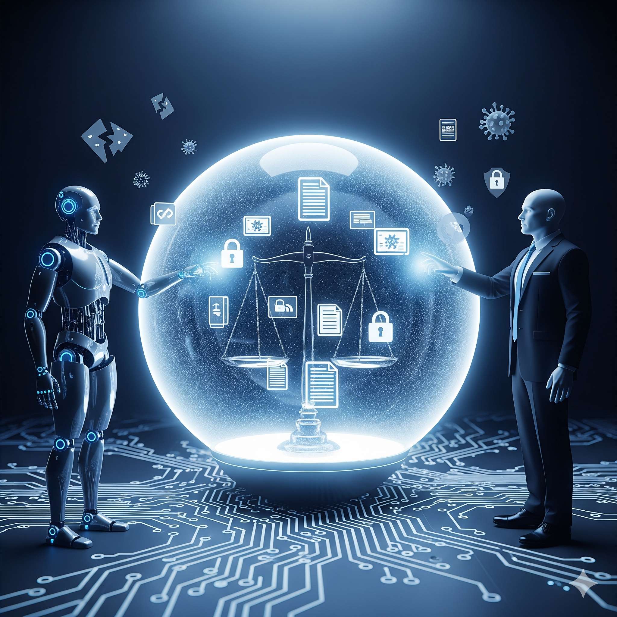 AI and human figure balancing legal scales within a protective sphere, representing the balance between AI innovation and legal protection