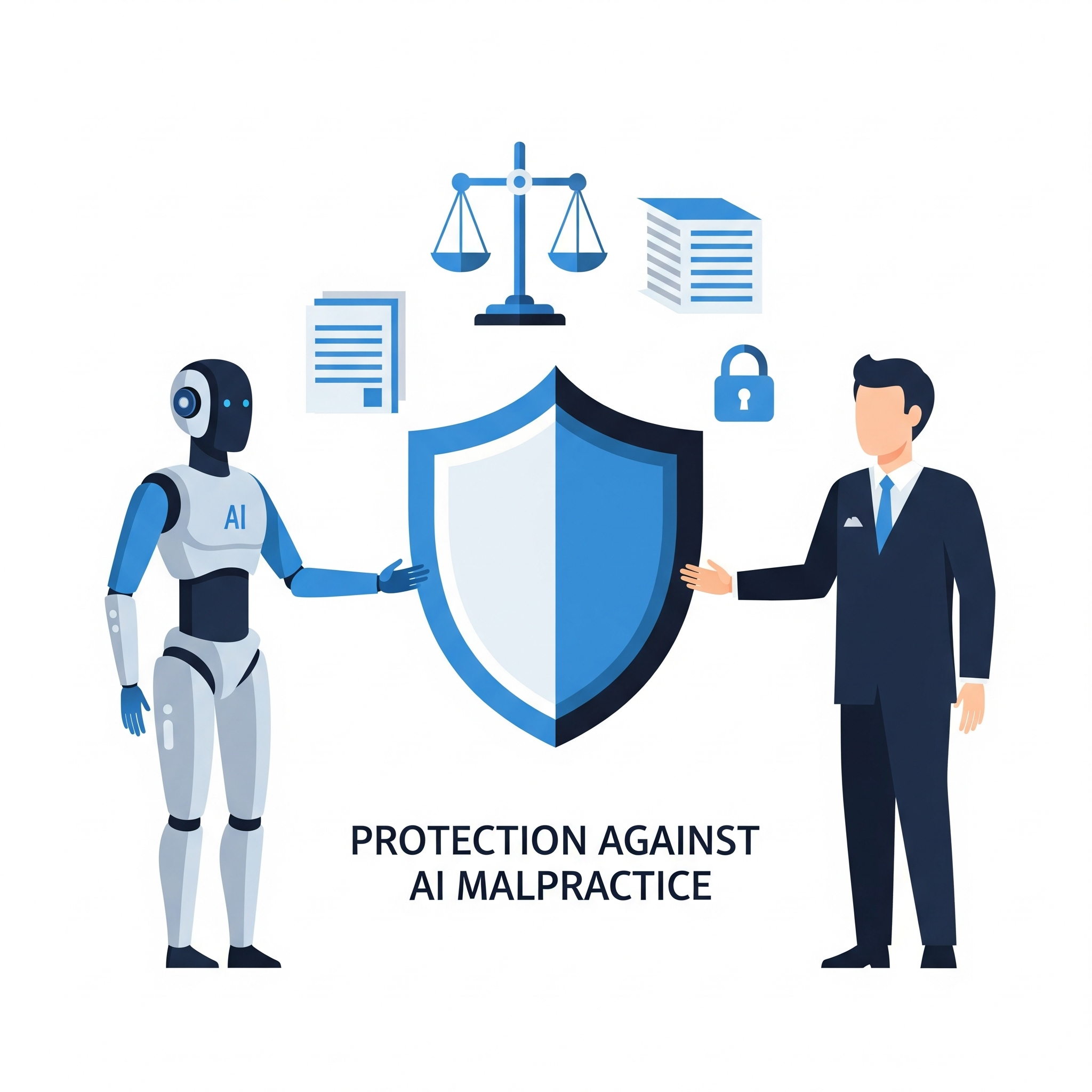 AI robot and business person shaking hands over a protective shield with scales of justice, representing protection against AI malpractice in hiring